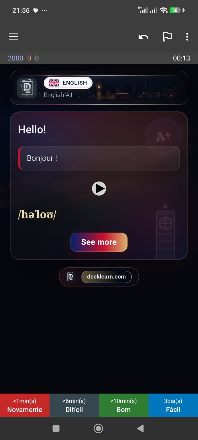 Réponse réelle d’une carte Anglais avec traduction française, audio et prononciation