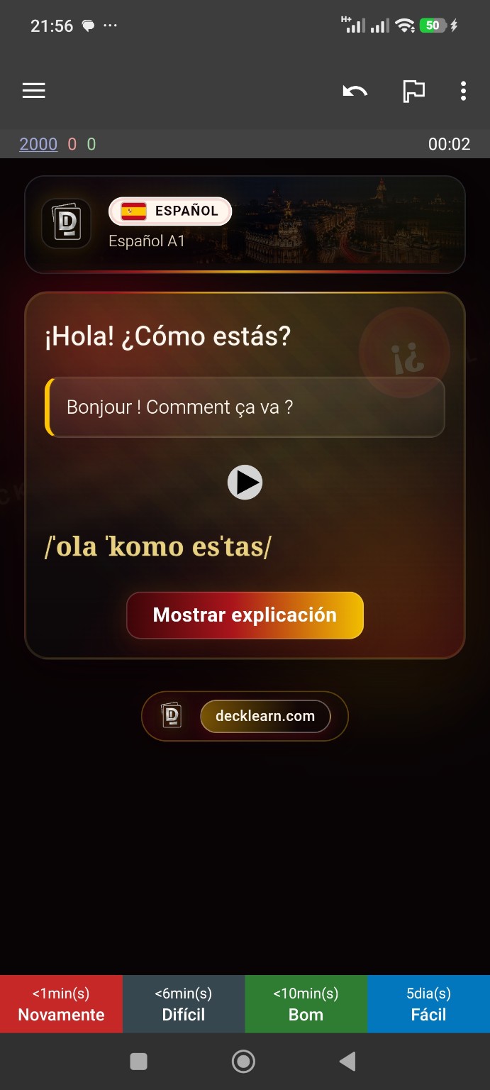Réponse réelle d’une carte Espagnol avec traduction française, audio et prononciation