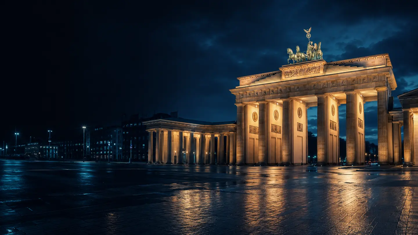 Berlino di sera con la Porta di Brandeburgo, atmosfera del percorso di tedesco DeckLearn