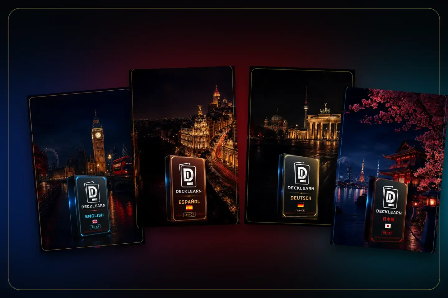 La collezione premium DeckLearn Italia con i mazzi di inglese, spagnolo, tedesco e giapponese