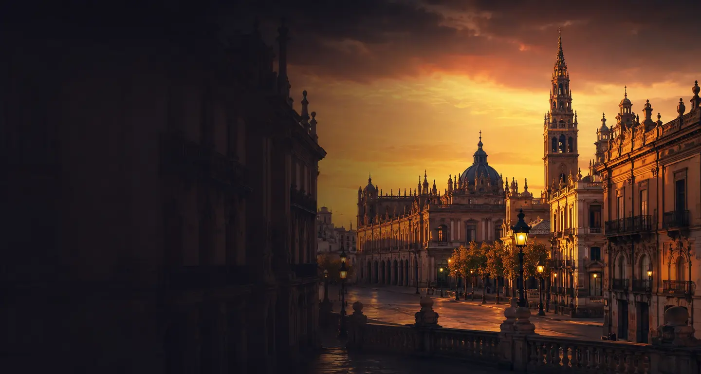 Architettura spagnola illuminata al tramonto, atmosfera del percorso di spagnolo DeckLearn
