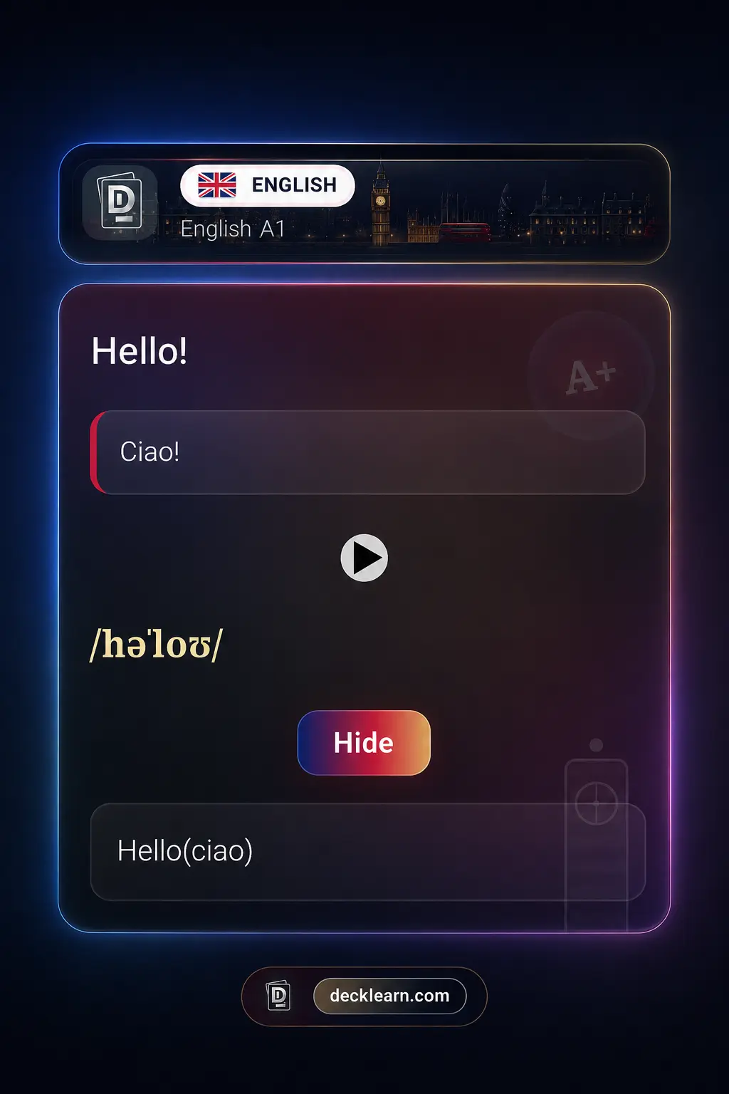Card reale DeckLearn di inglese con traduzione e spiegazione in italiano