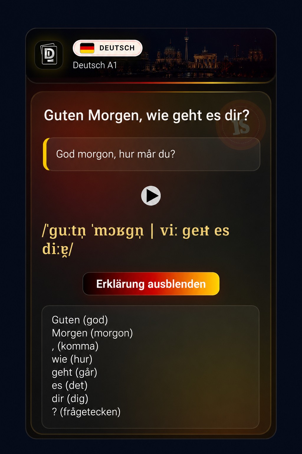 Riktigt DeckLearn-kort för språket tyska med svensk översättning och förklaring