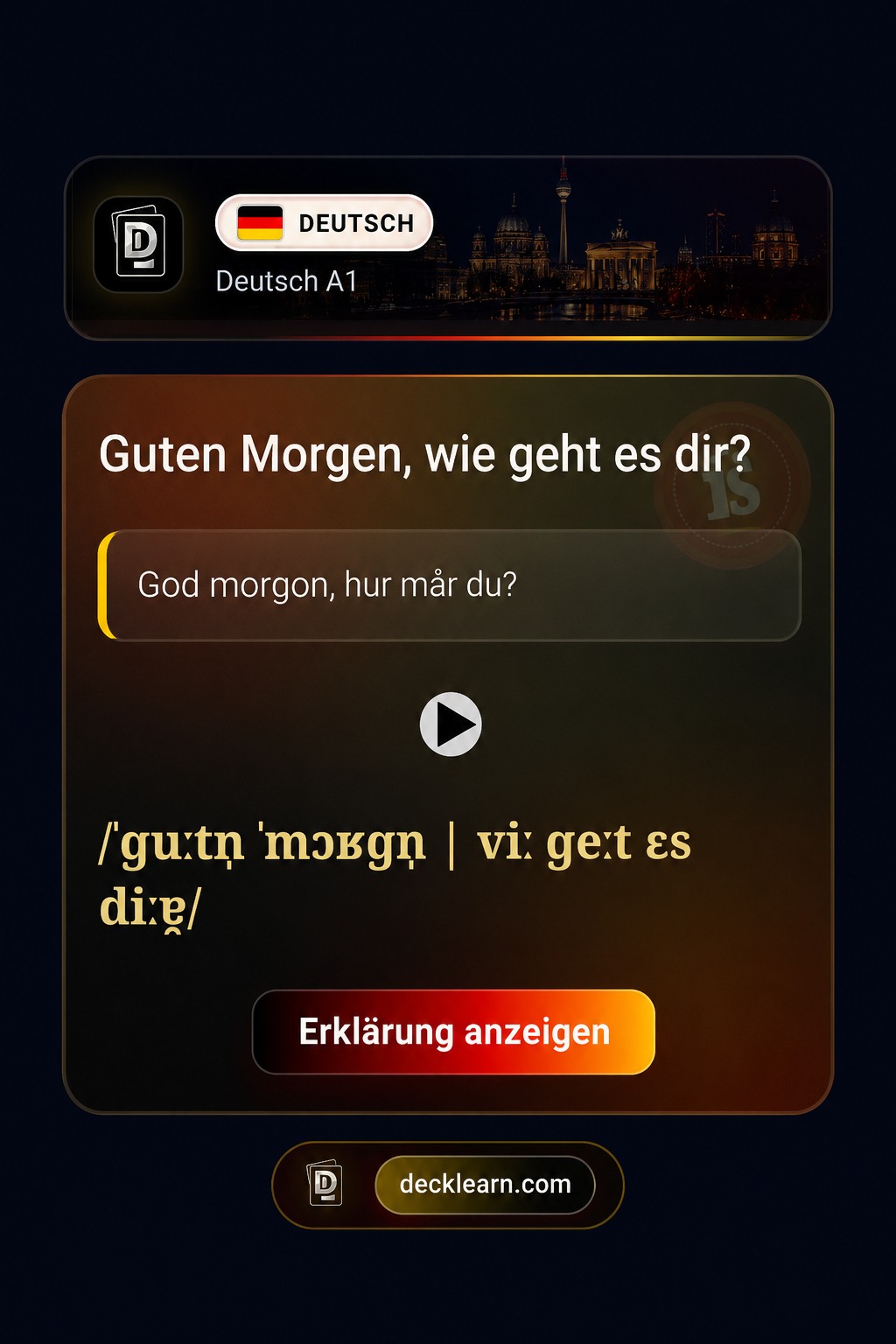Riktigt DeckLearn-kort för språket tyska med svensk översättning