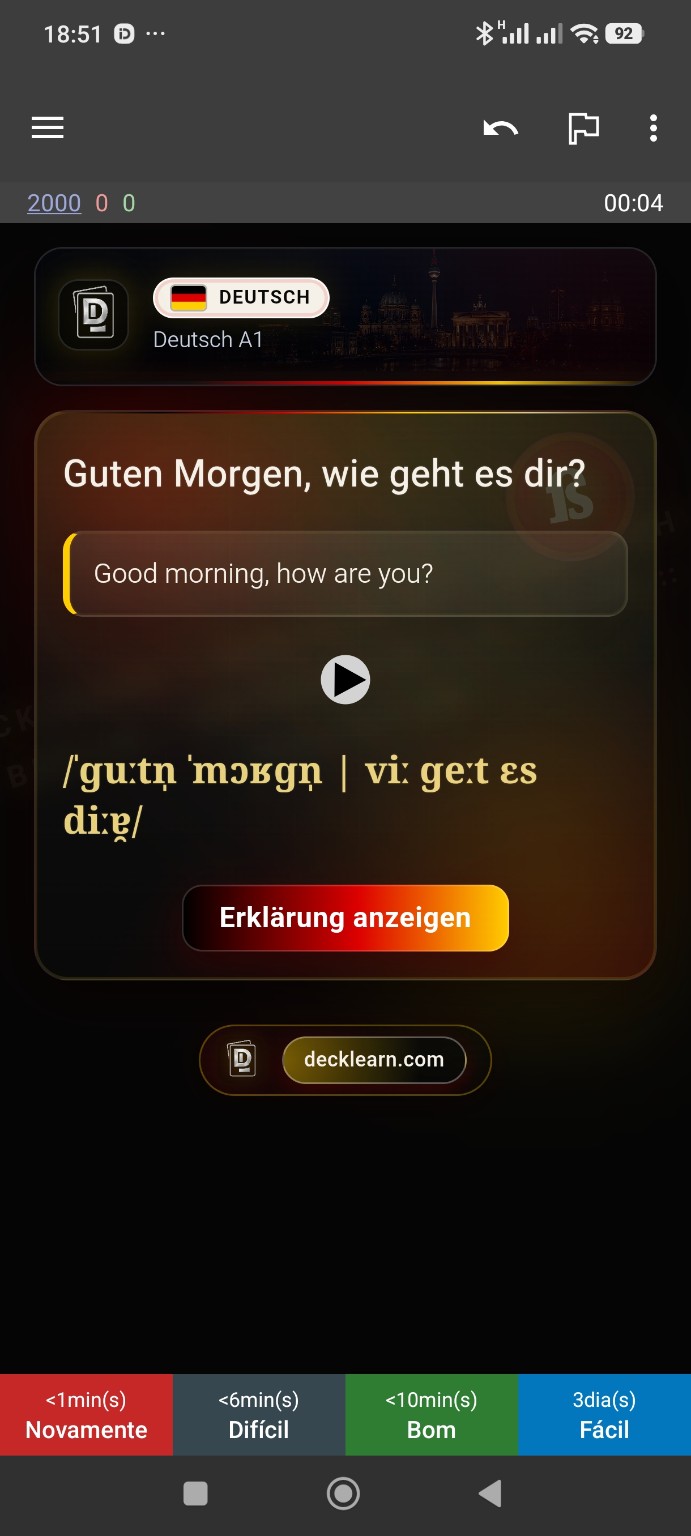 German A1 card answer with English meaning, audio and pronunciation